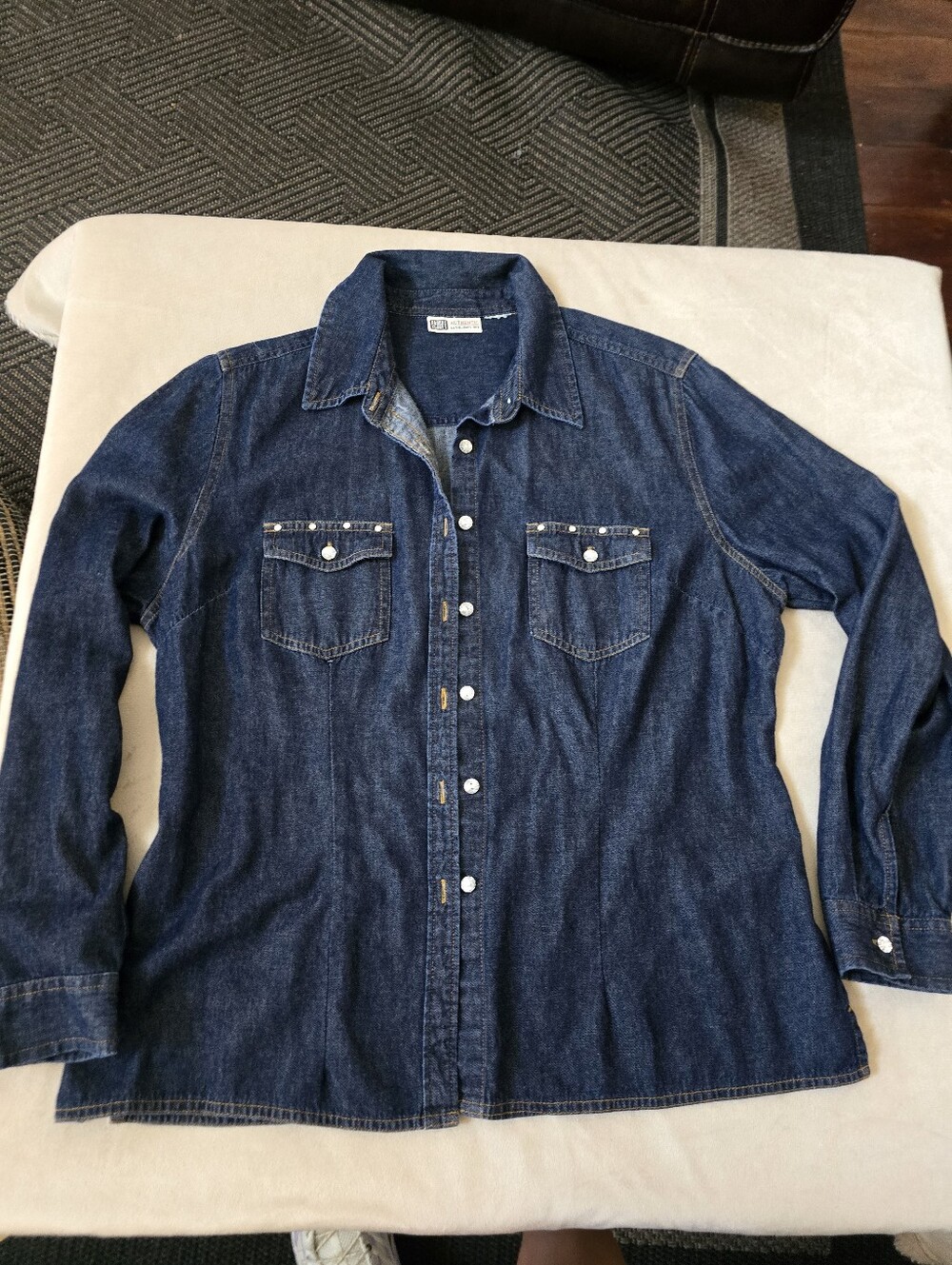 Faded Glory Denim Long-Sleeve Western Shirt - Dark Blue Rhinstone Buttoms Sz XL